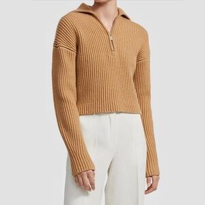 Theory Merino Wool Ribbed Half Zip Sweater Beige size M
